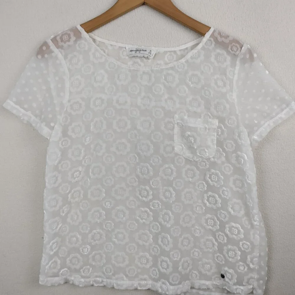 Abercrombie & Fitch White Shear Fairy Top Womens M Floral Gauzy Cottagecore Y2K - Picture 1 of 15